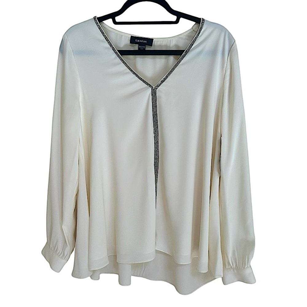 NWT! Karen Kane Rhinestone Trim Cream V Neck Blouse in size Large